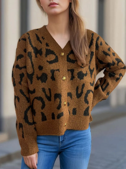 Leopard V-Neck Button Up Cardigan - Fashorio