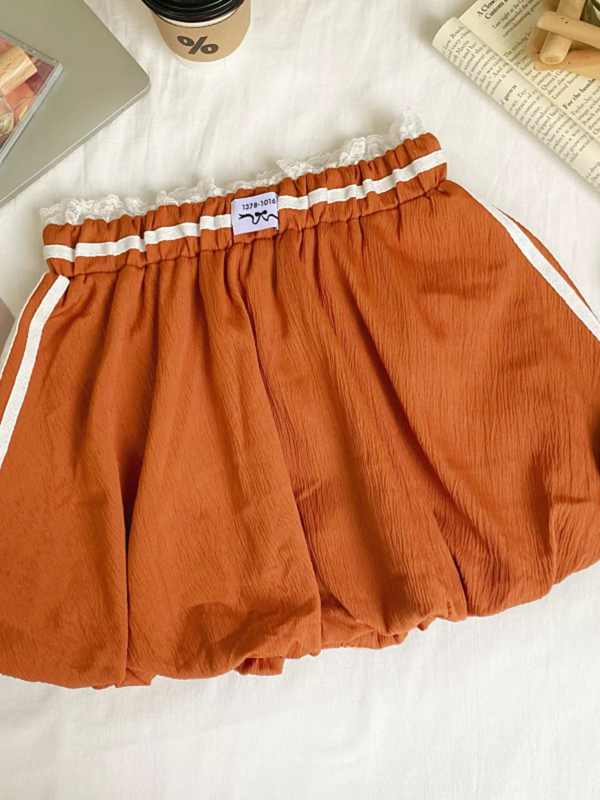 Lace trim elastic waist mini skirt close up view