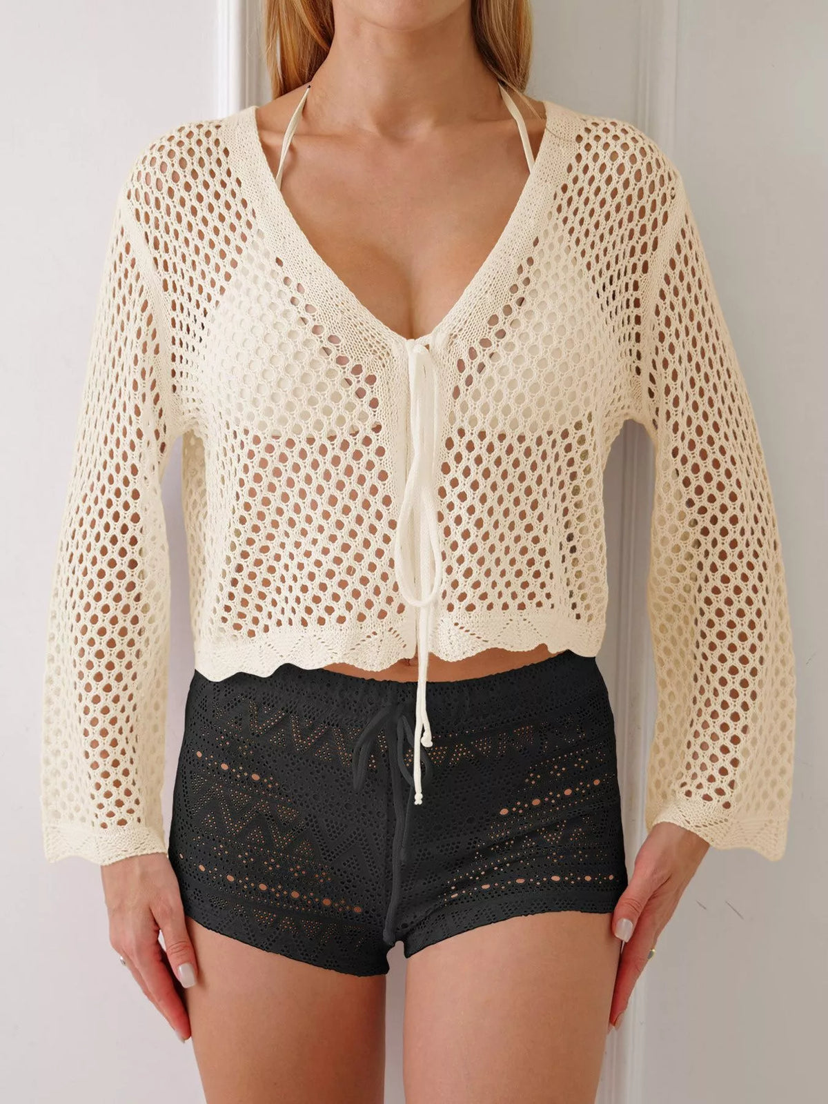 Crochet tie front top in beige