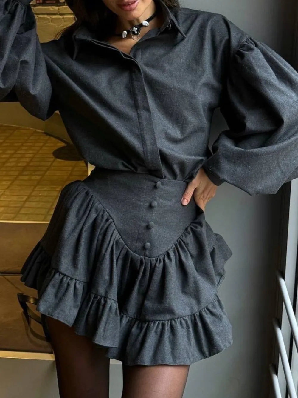 Lantern Sleeve Shirt and Ruffled Skirt Set, view 9
