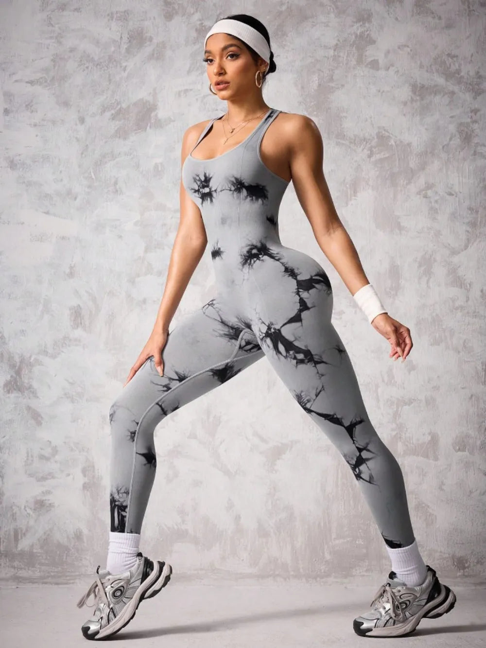 Back Crisscross Tie-Dye Scoop Neck Active Jumpsuit - Fashorio
