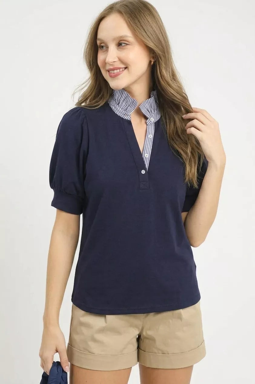 Umgee navy striped collar popover top, side view