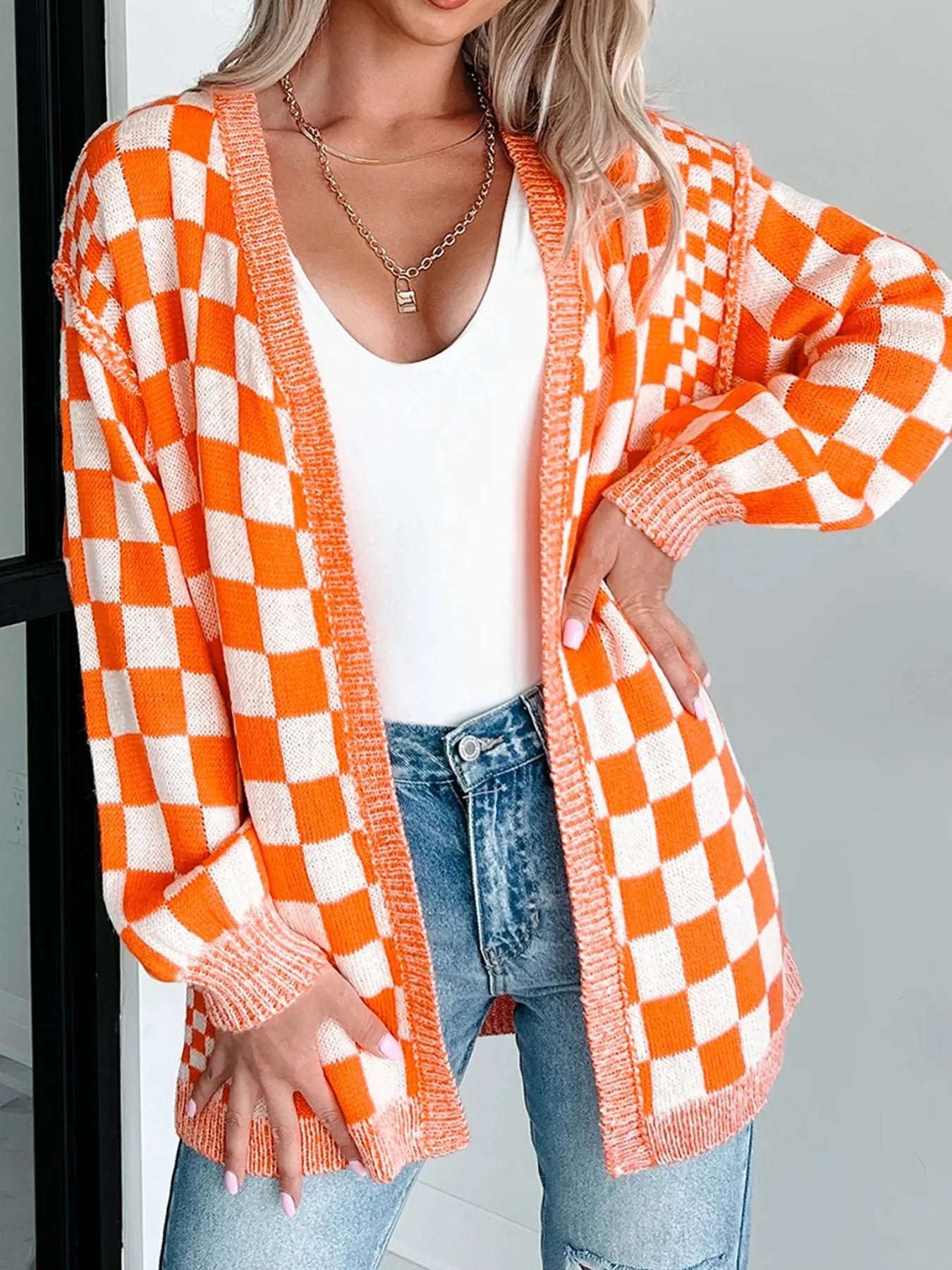 Checkered Pattern Open Front Cardigan - Fashorio
