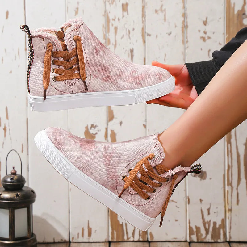 Lace Up Round Toe Canvas Boots with Side Zip close up of the upper