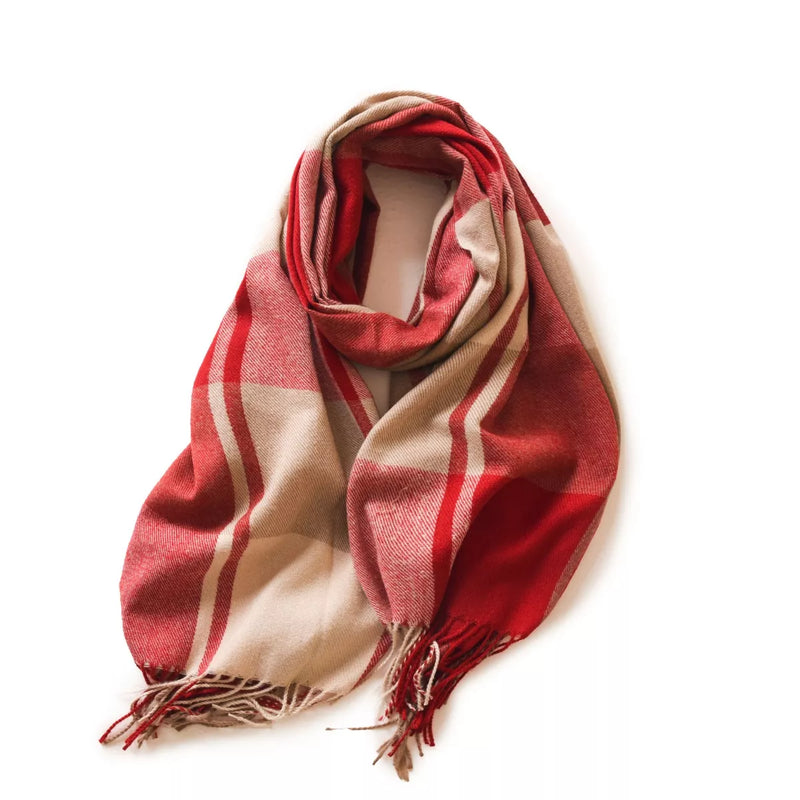 Plaid fringe scarf shown draped around the neck