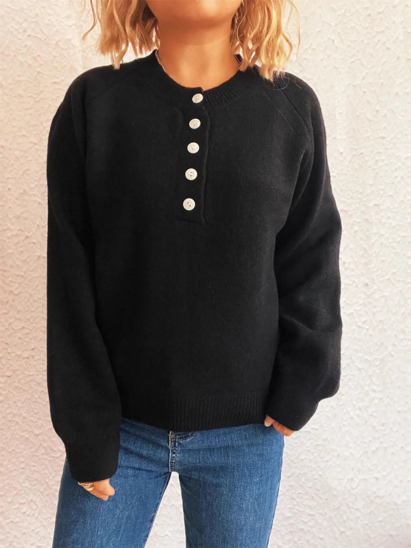 Button-Front Long Sleeve Sweater Black One Size - Fashorio