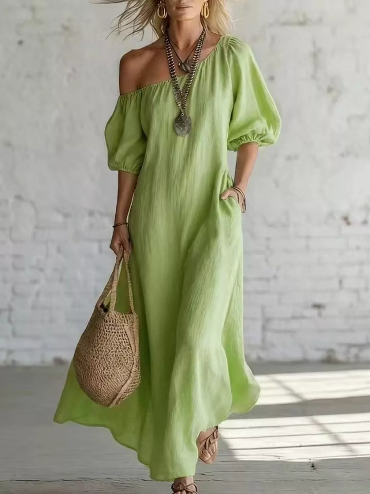 One shoulder puff sleeve maxi dress detail view