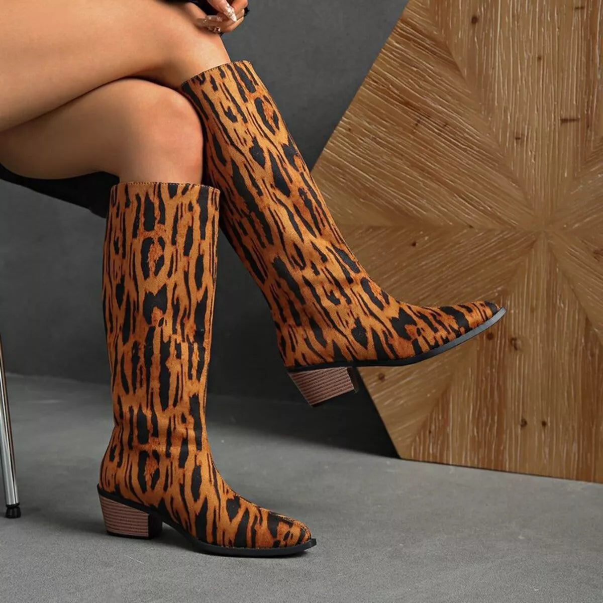 leopard pointed toe block heel boots side profile