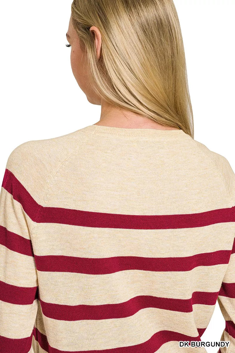 Striped burgundy round neck sweater side view