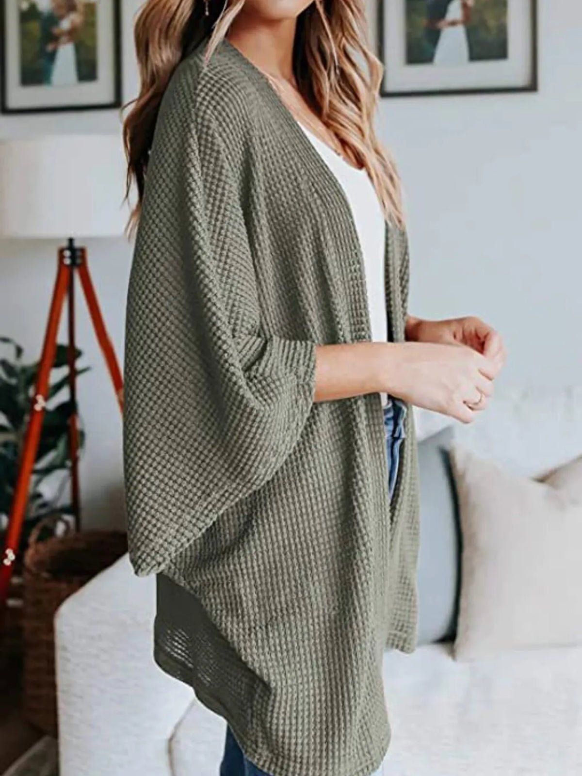 waffle knit open front plus size cardigan styled outfit view