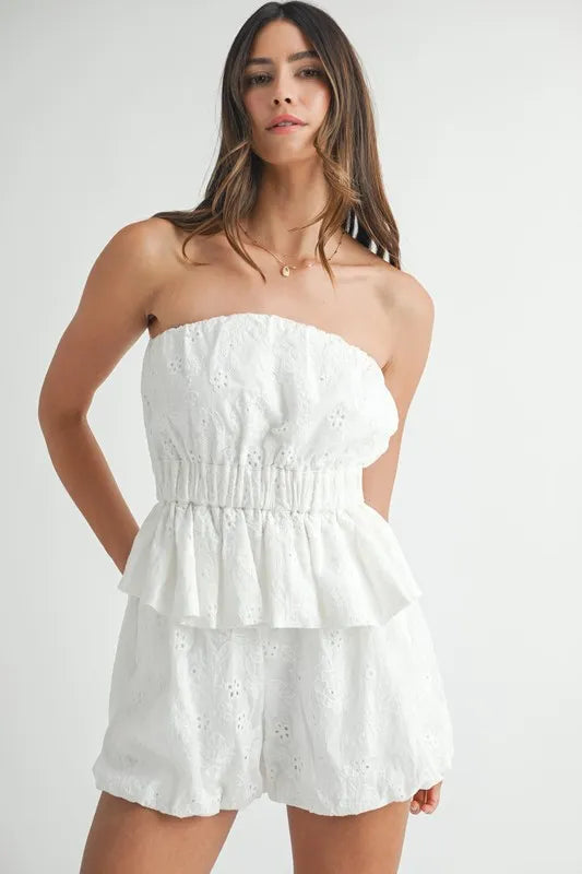 MABLE Floral Eyelet Lace Tube Top and Short Set - Fashorio