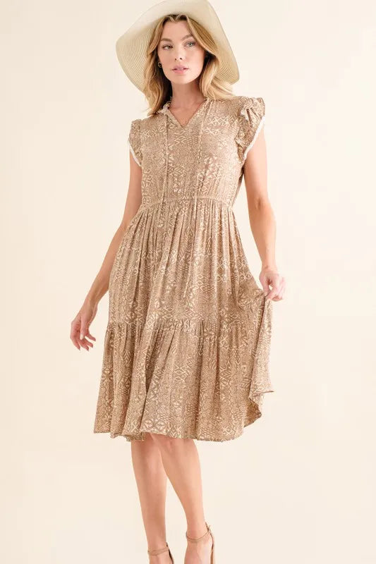 Boho printed tiered maxi dress in taupe back view