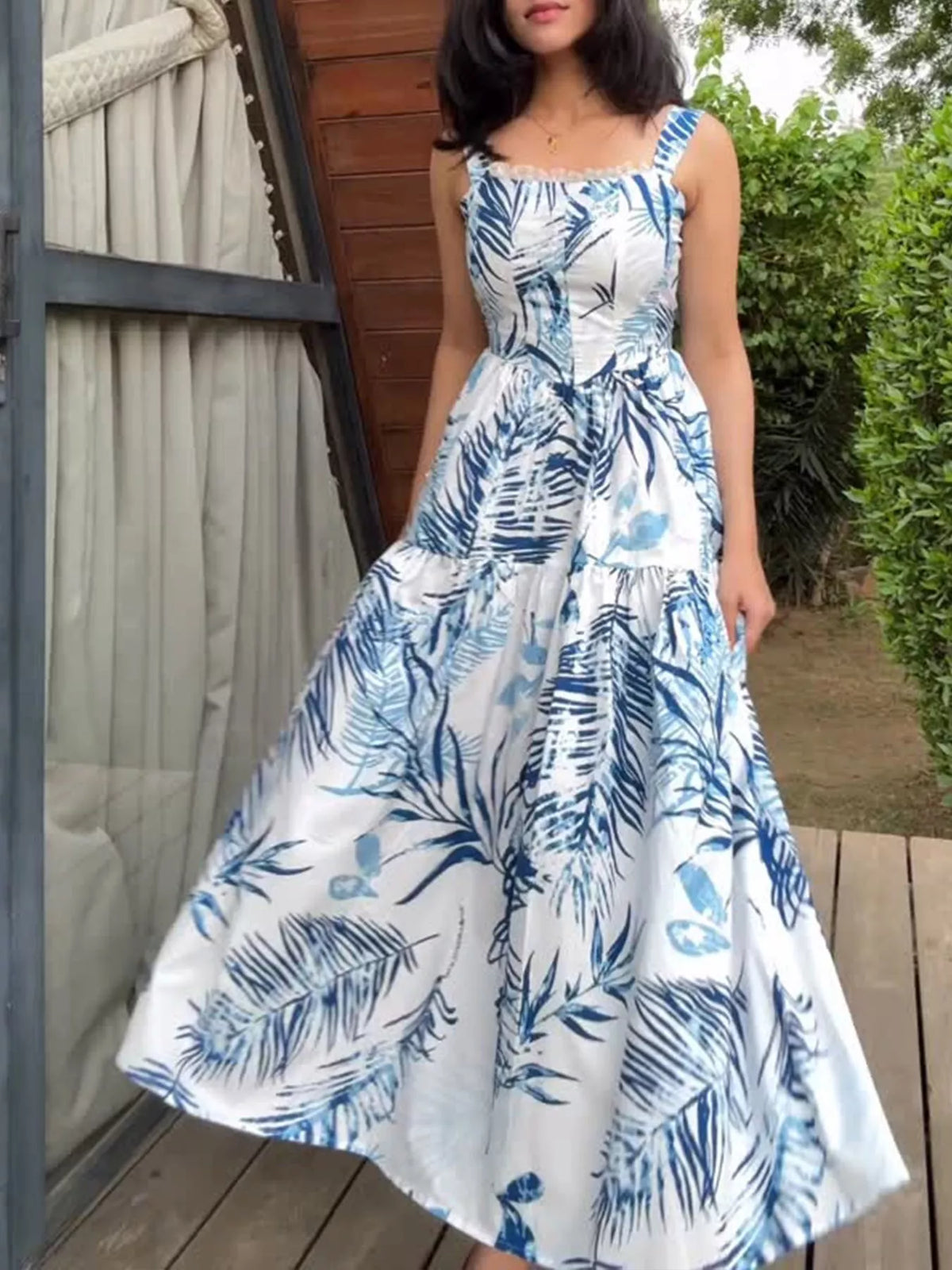 blue tropical print tiered lace maxi dress front view
