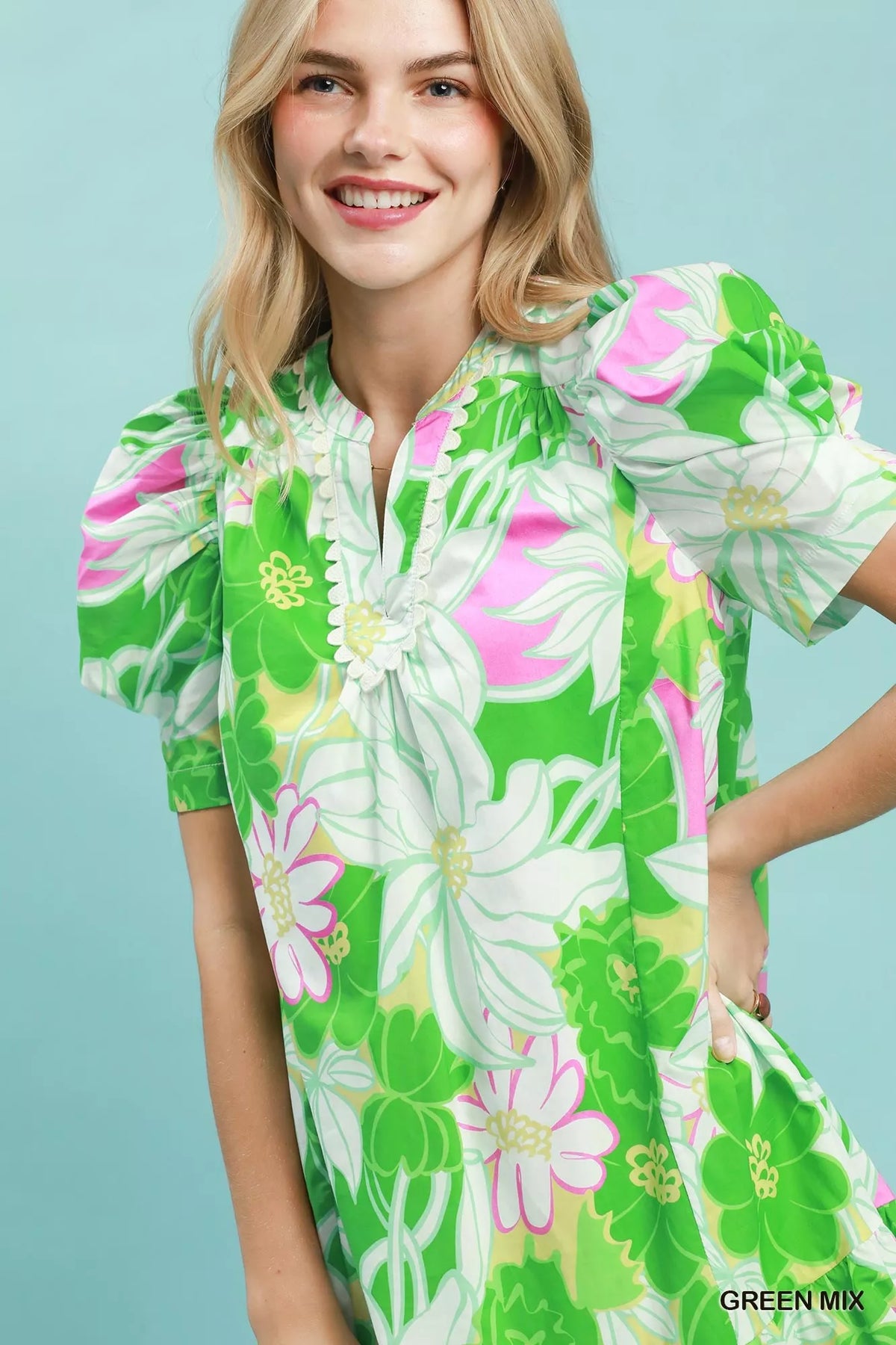 Umgee green floral puff sleeve tiered mini dress styled view