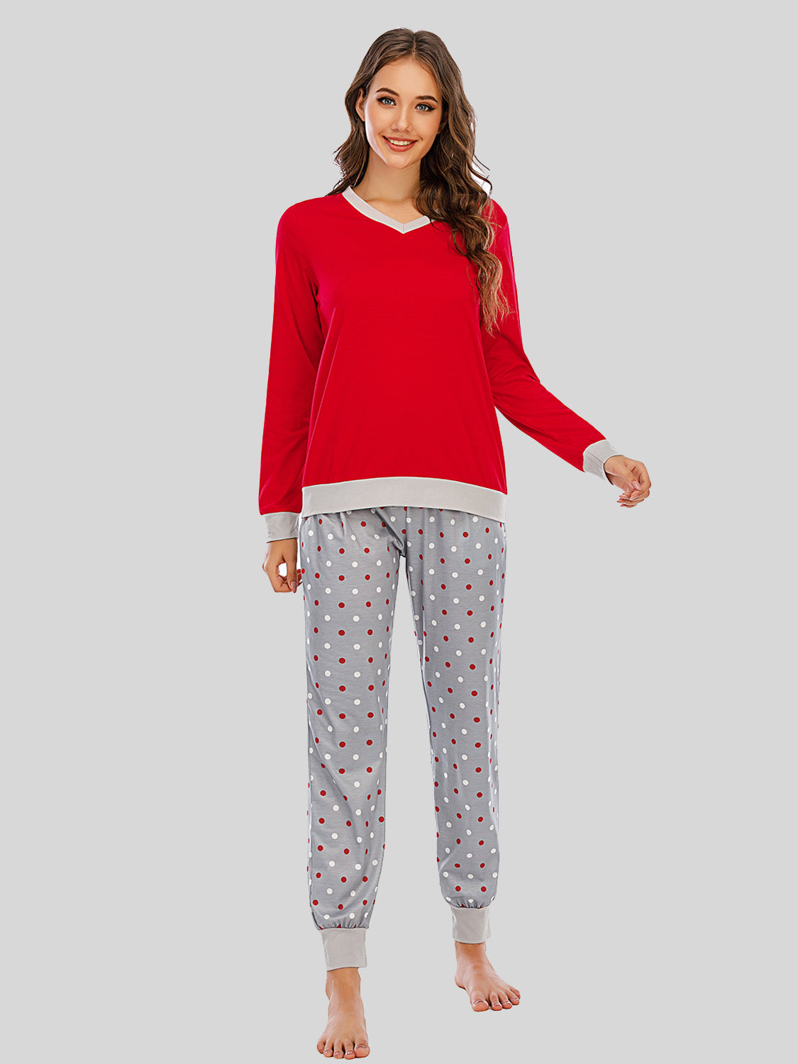 Long Sleeve Top and Polka Dot Pants Set Deep Red - Fashorio