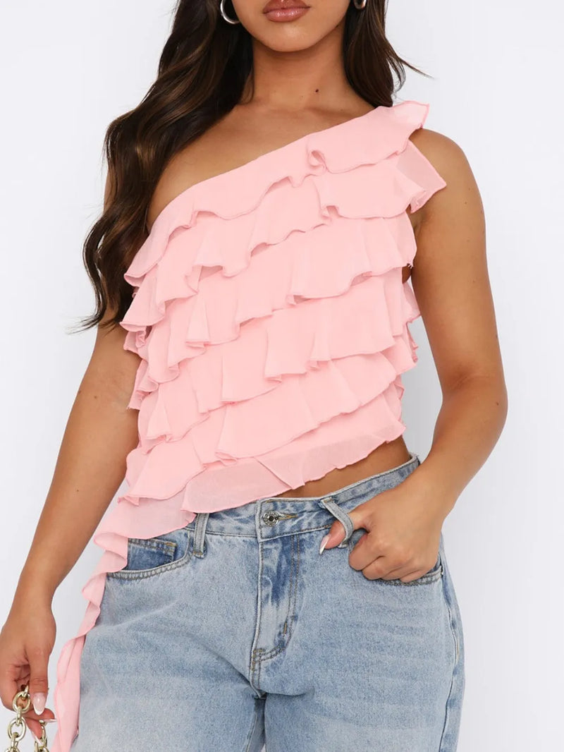 Layered ruffled one shoulder tank top in watermelon pink front view