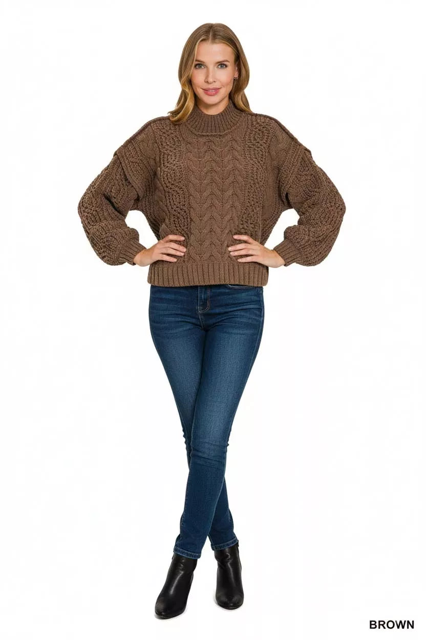 Cable Knit Ribbed Turtleneck Sweater in Brown side view