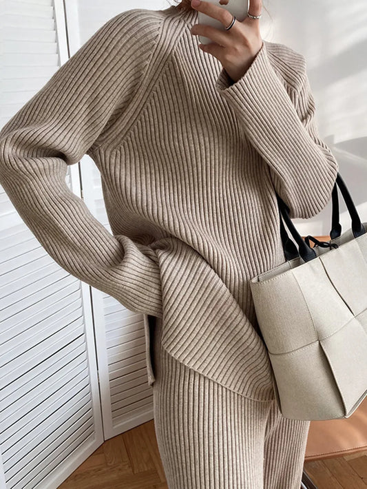 Mock Neck Raglan Sleeve Top and Pants Sweater Set Dust Storm One Size - Fashorio