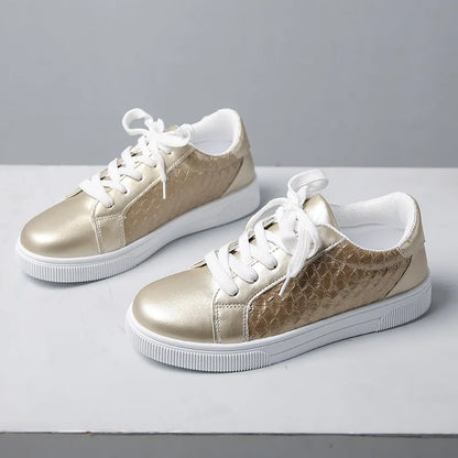 Round Toe Lace Up Sneakers Gold - Fashorio