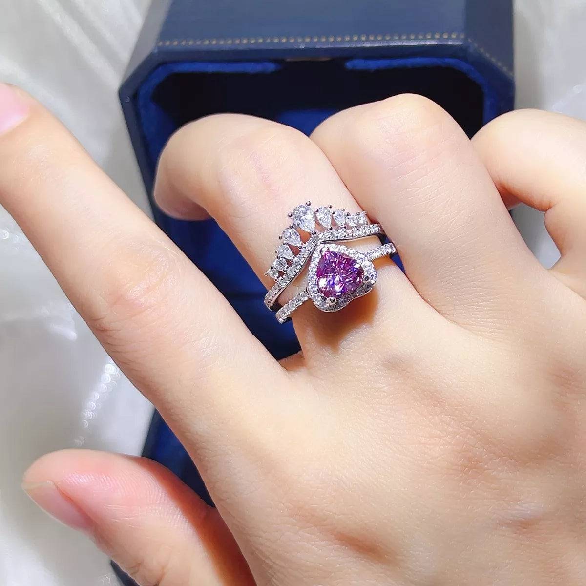 Two piece moissanite sterling silver ring set front view