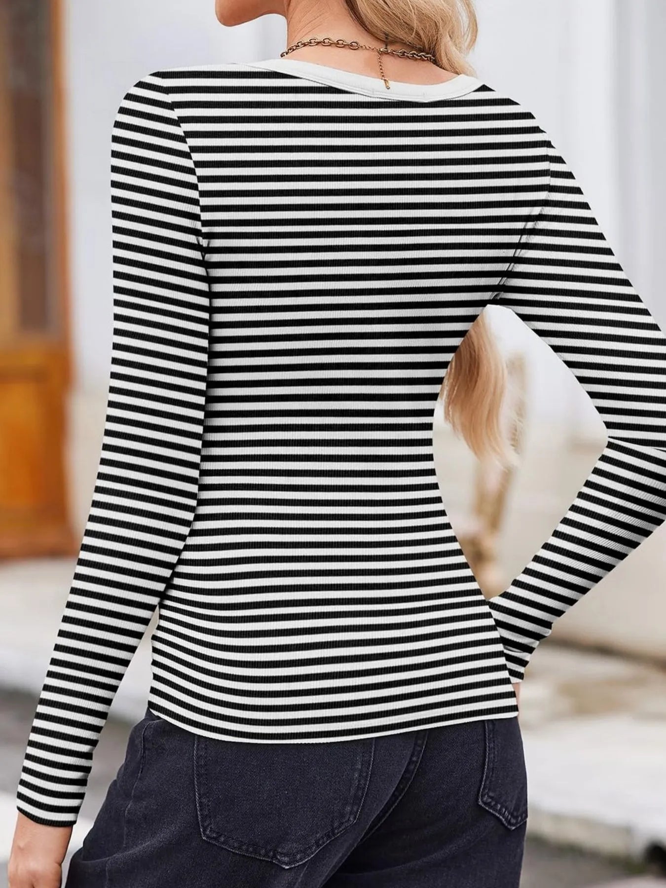 Striped Long Sleeve Scoop Neck T-Shirt - Fashorio