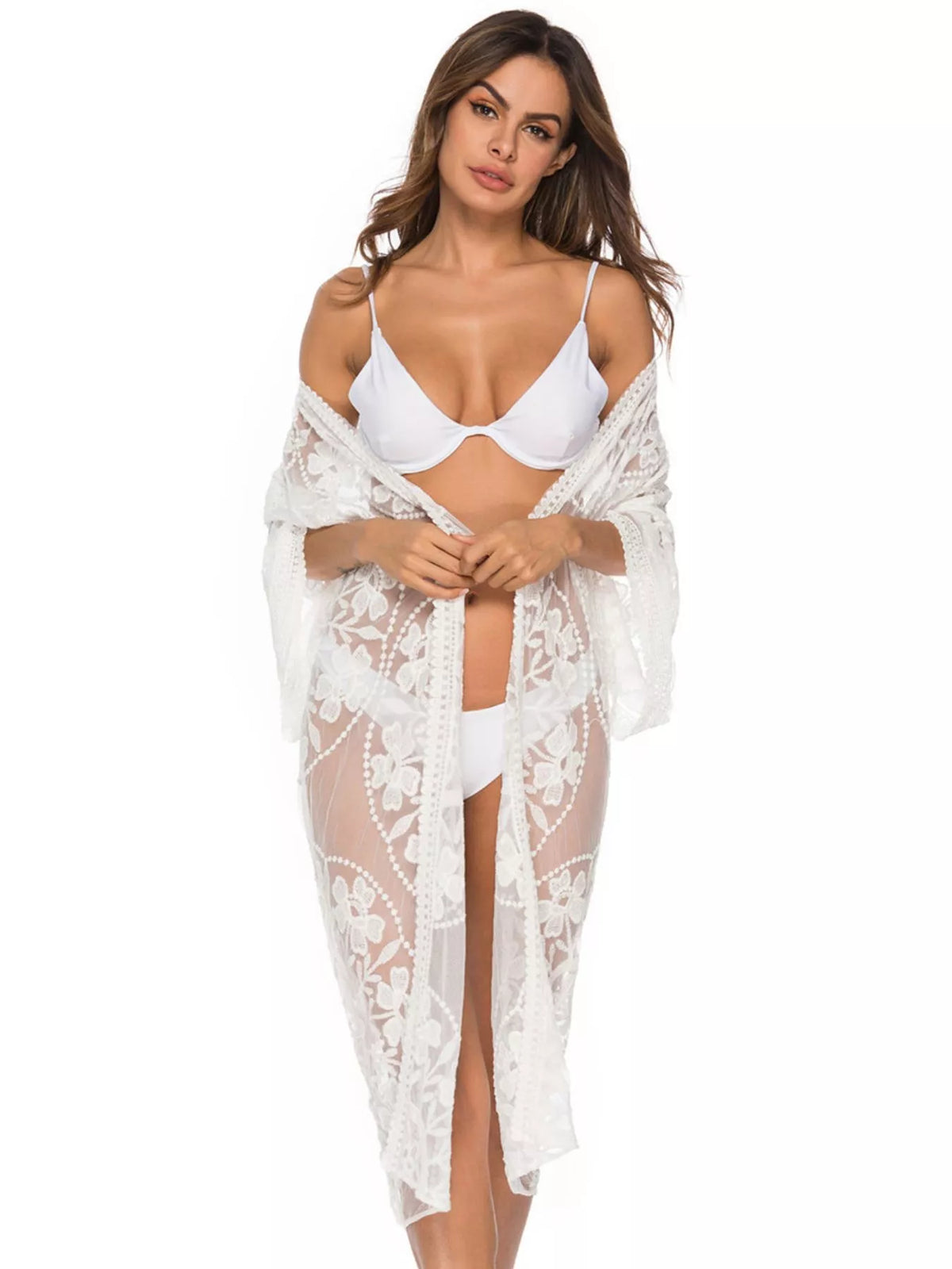 Floral lace sheer kimono cover up back view