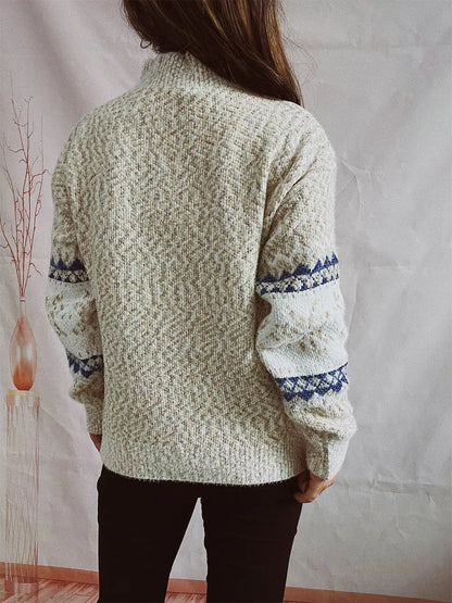 Geometric Mock Neck Dropped Shoulder Sweater - Fashorio