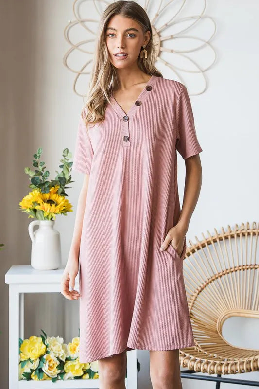 Solid Ribbed Mini Dress with Button detail