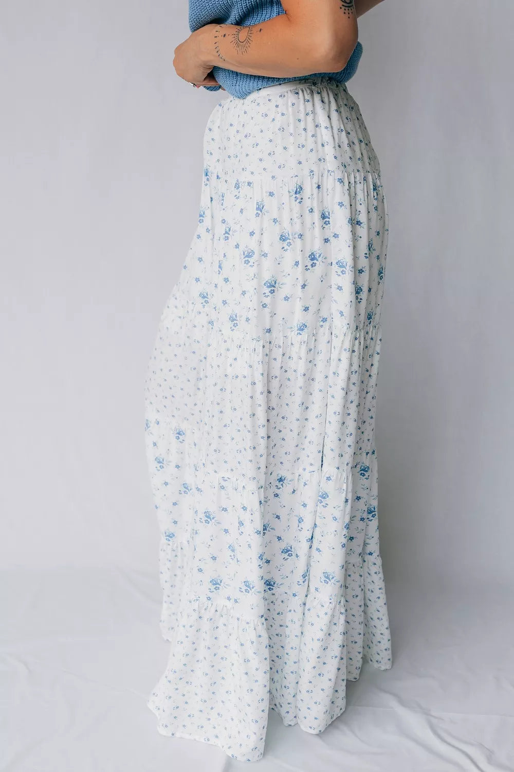 high waist floral boho maxi skirt in white styled outfit view