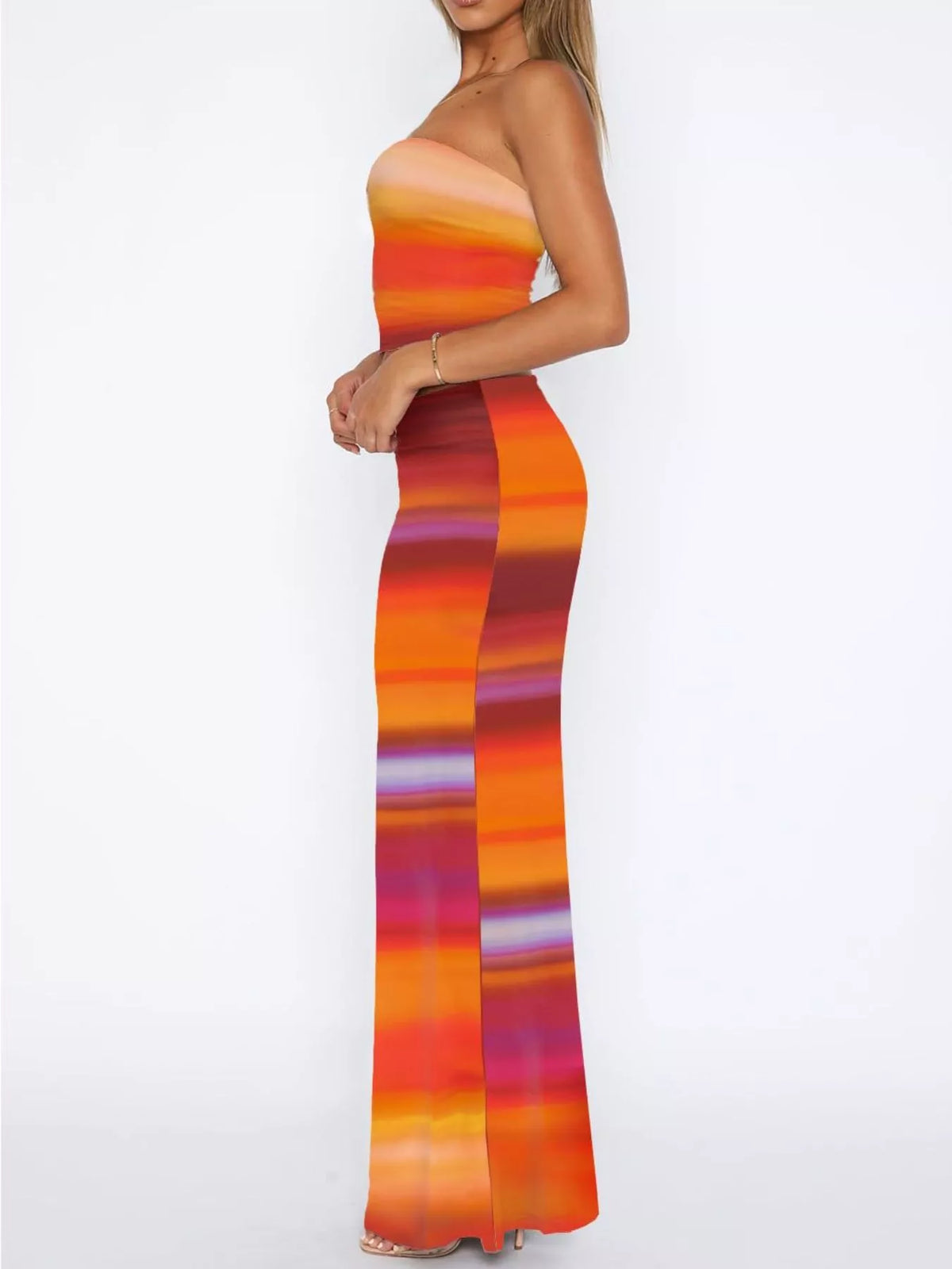 Striped strapless two piece set side view