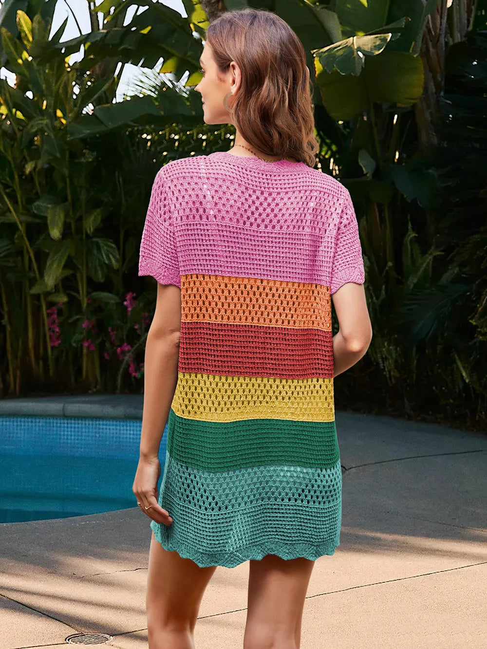 Short sleeve cover up openwork knit detail