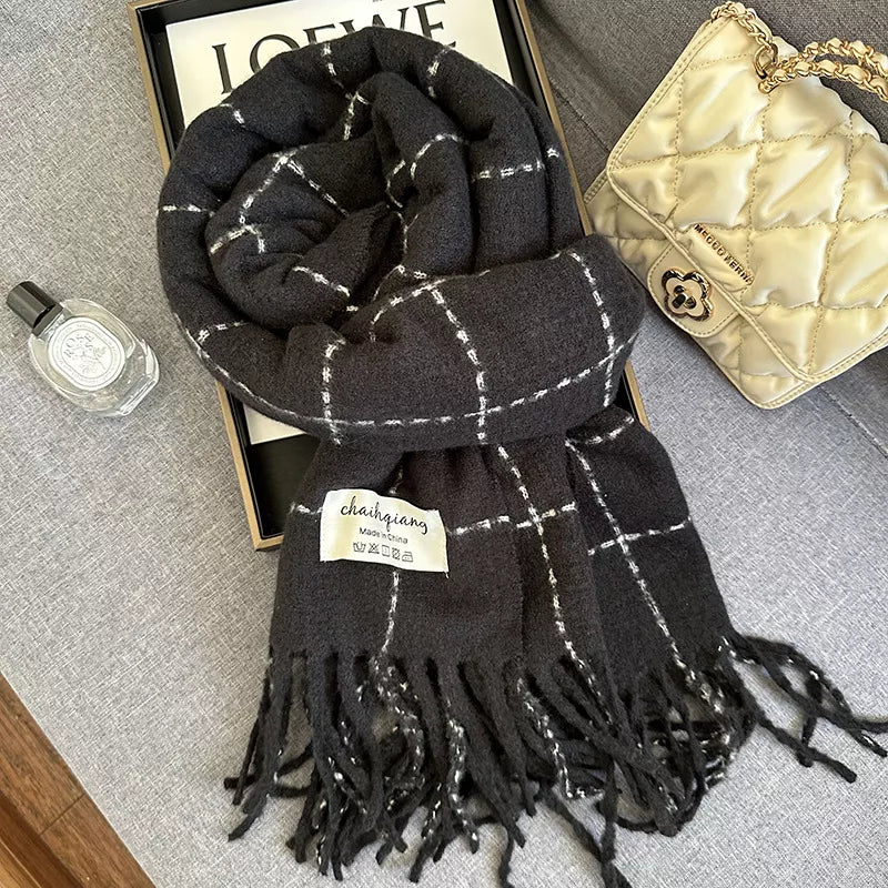 Extra long plaid winter scarf full length