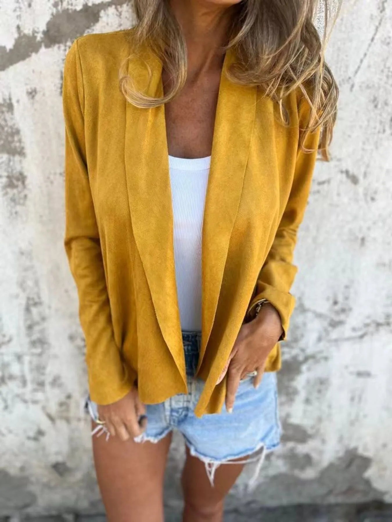 Full Size Open Front Casual Cardigan Plus Size Yellow - Fashorio