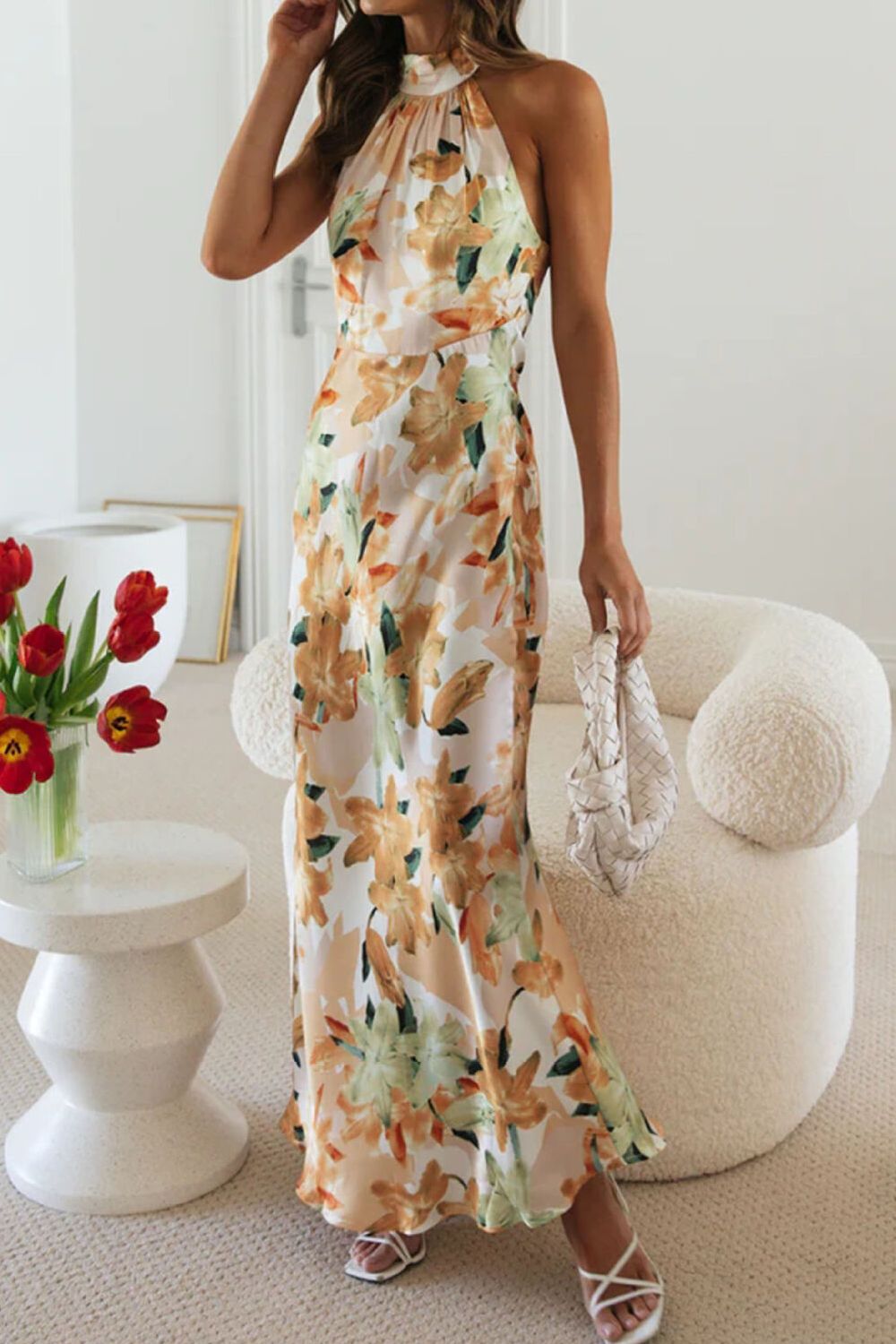 floral halter neck maxi dress with leg slit front view