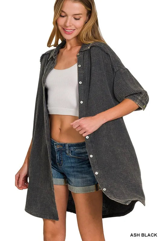 Washed Double Gauze Button Down Shirt Dress in Ash Black back view