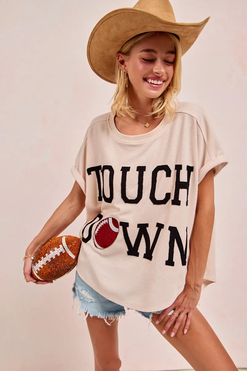 BiBi Game Day Touchdown Letter Patches Waffle Short Top - Fashorio