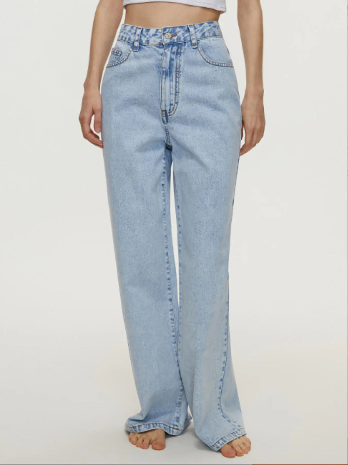 Blue classic high waisted wide leg jeans front view