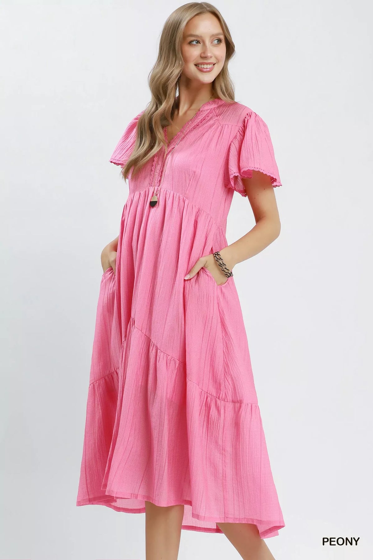 Peony pink textured tiered midi dress side view