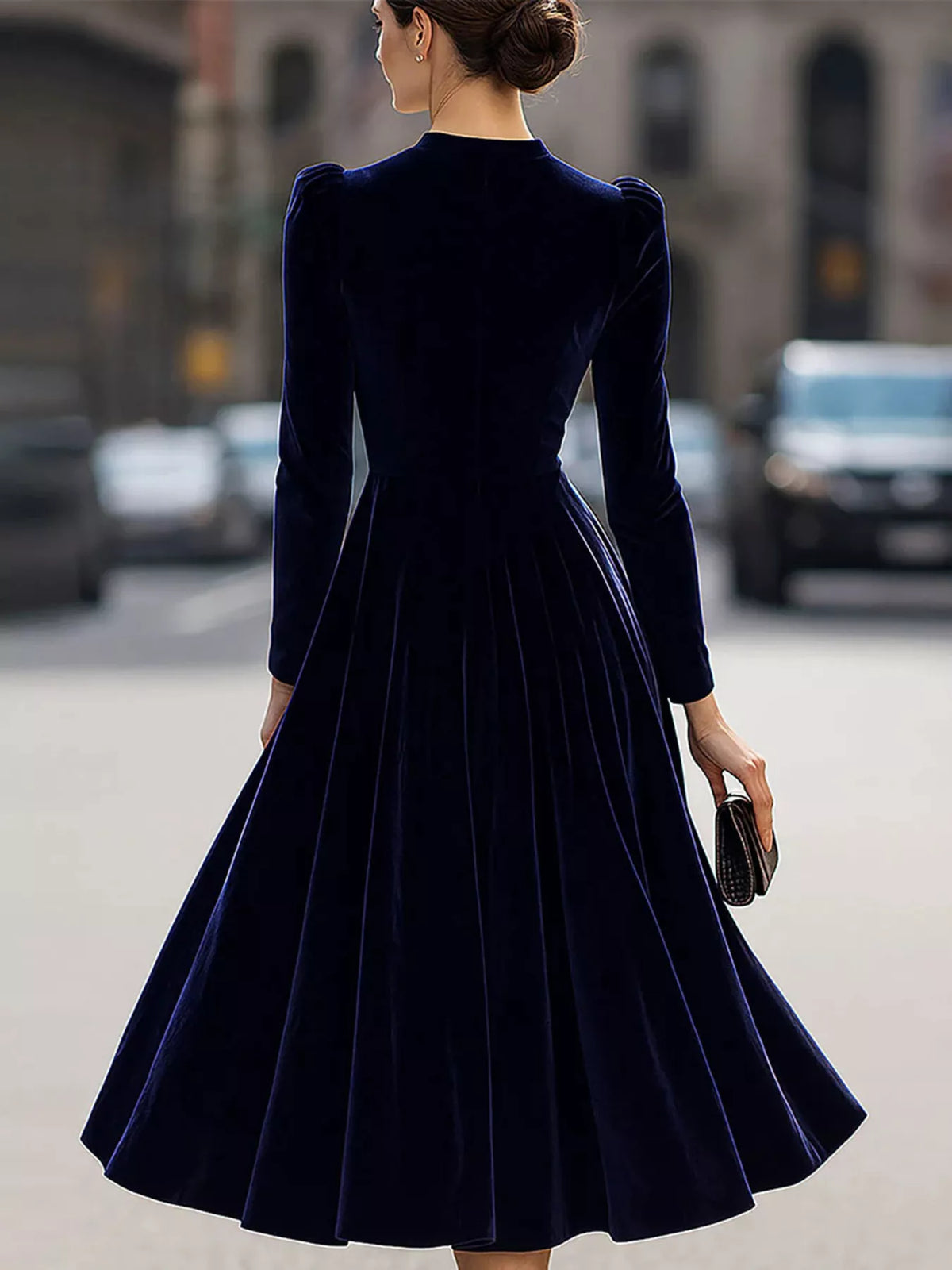 velvet long sleeve A line dress three quarter view