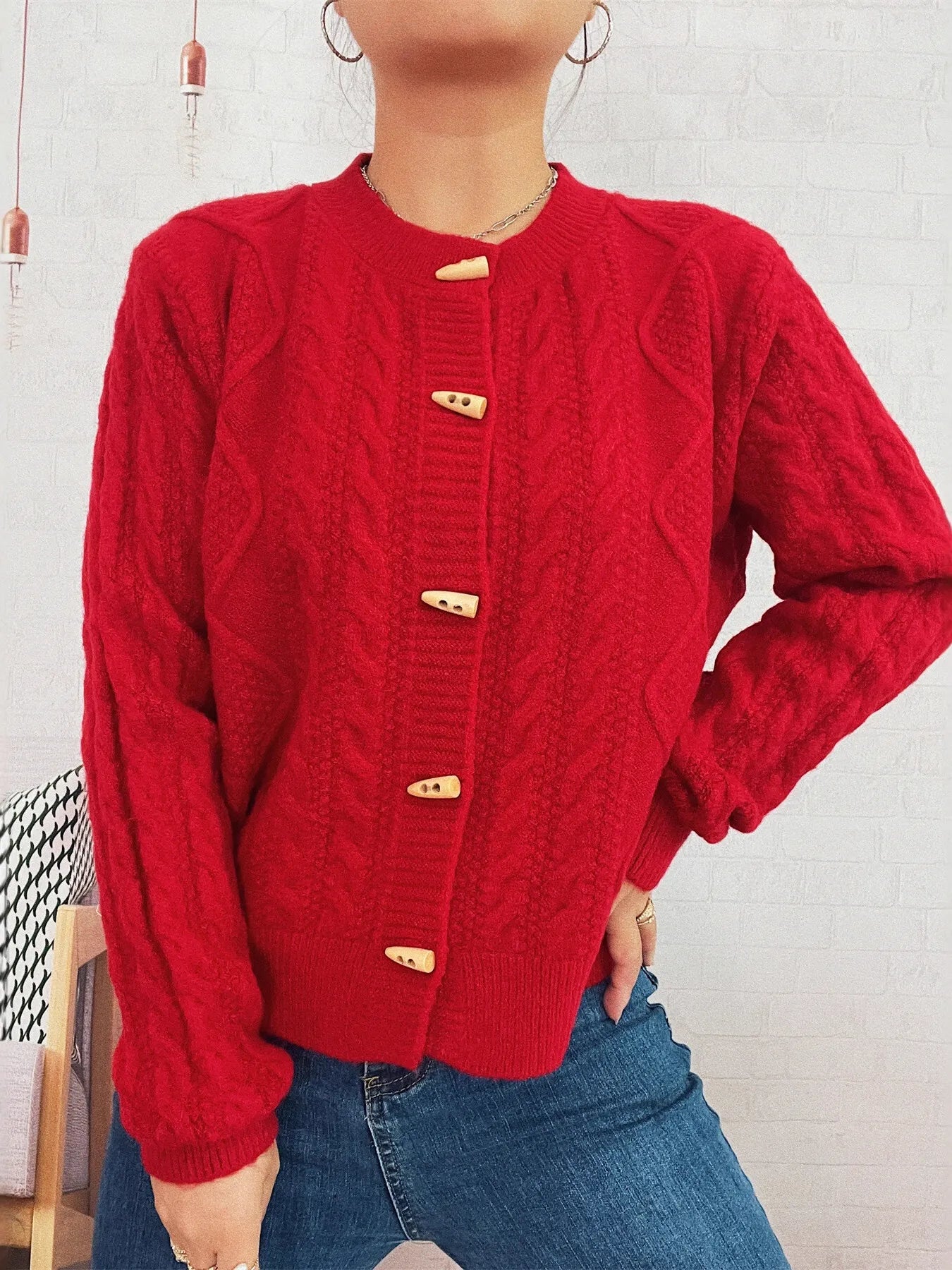 Cable Knit Button-Up Cardigan - Fashorio