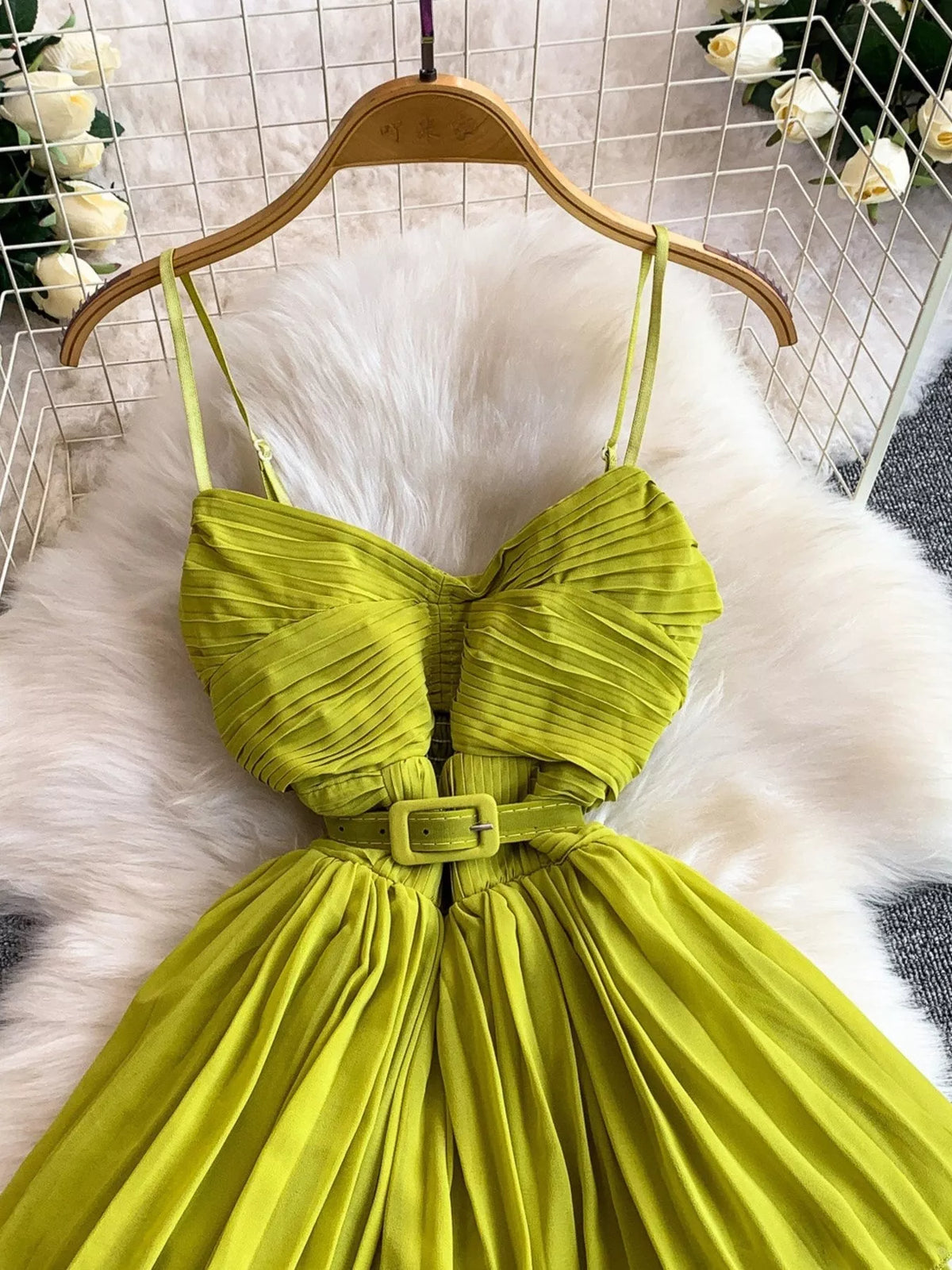 Pleated layered spaghetti strap midi dress back view