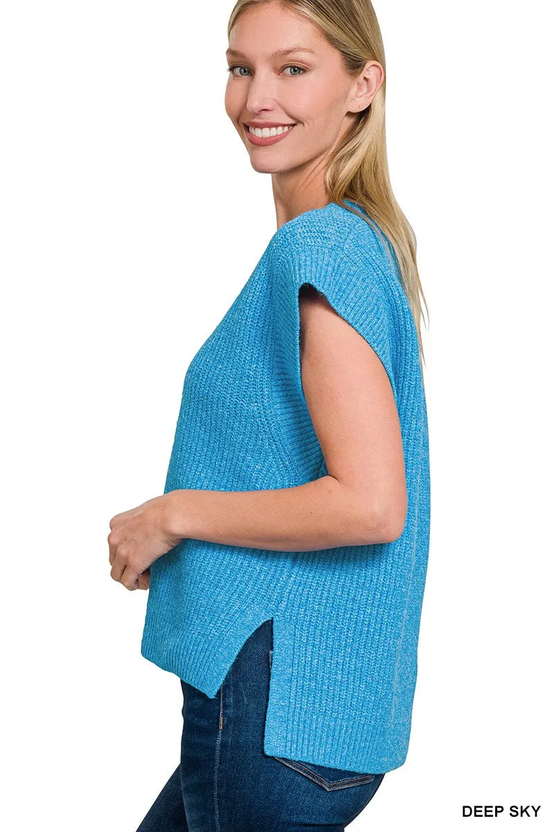 Oversized Side Slit Sweater Vest in Sky Blue back view