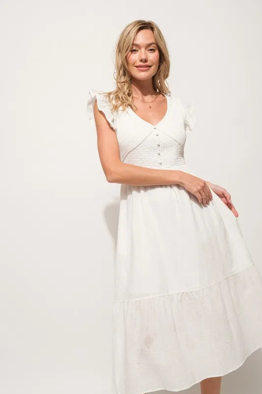 Ruffle Sleeve Front Smocked Tiered Midi Dress detail