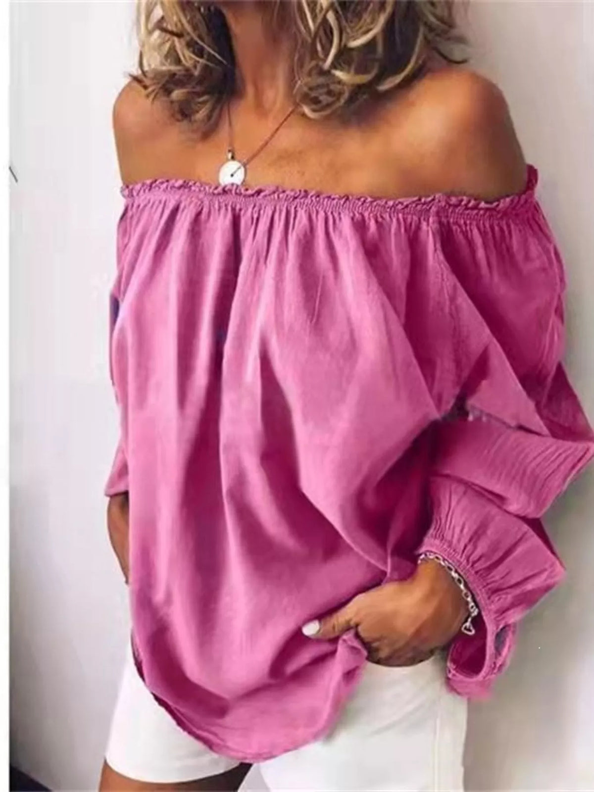 off shoulder frill trim blouse full length