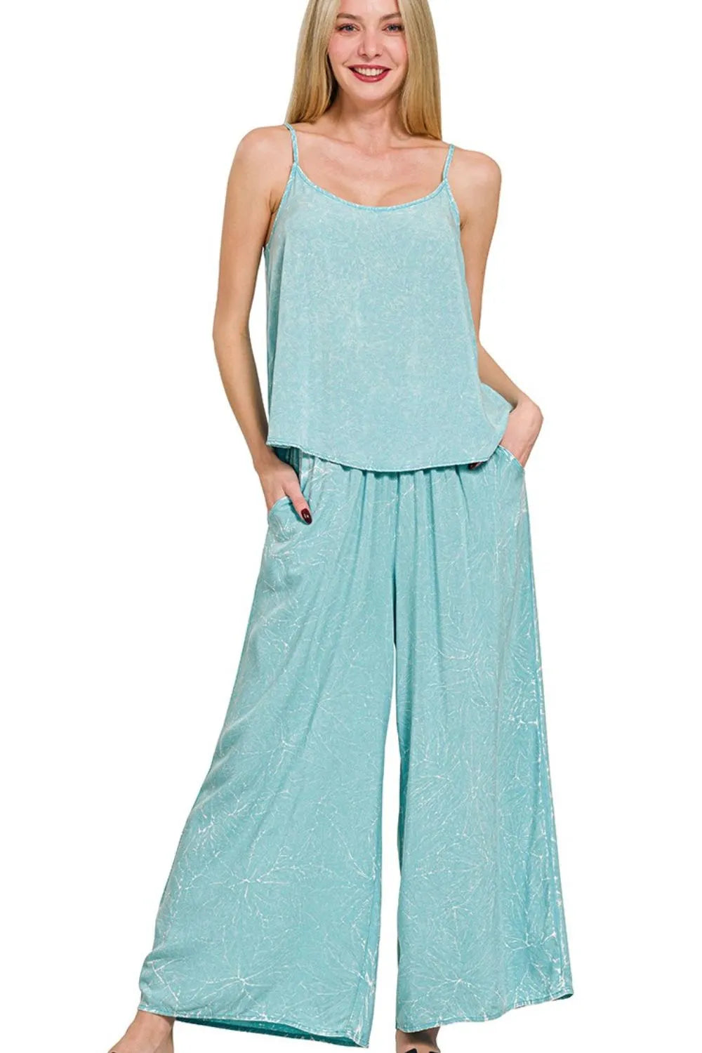 Zenana Woven Acid Crinkle Washed Cami & Pants 2 Piece Set DUSTY TEAL - Fashorio