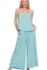 Zenana Woven Acid Crinkle Washed Cami & Pants 2 Piece Set DUSTY TEAL - Fashorio