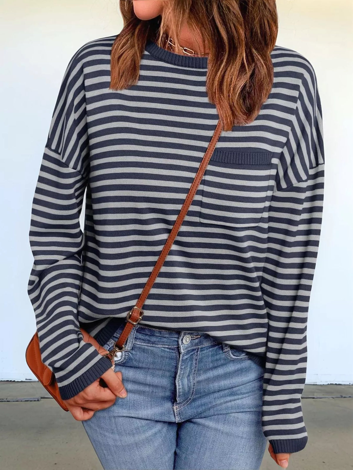 Striped round neck knit top front view