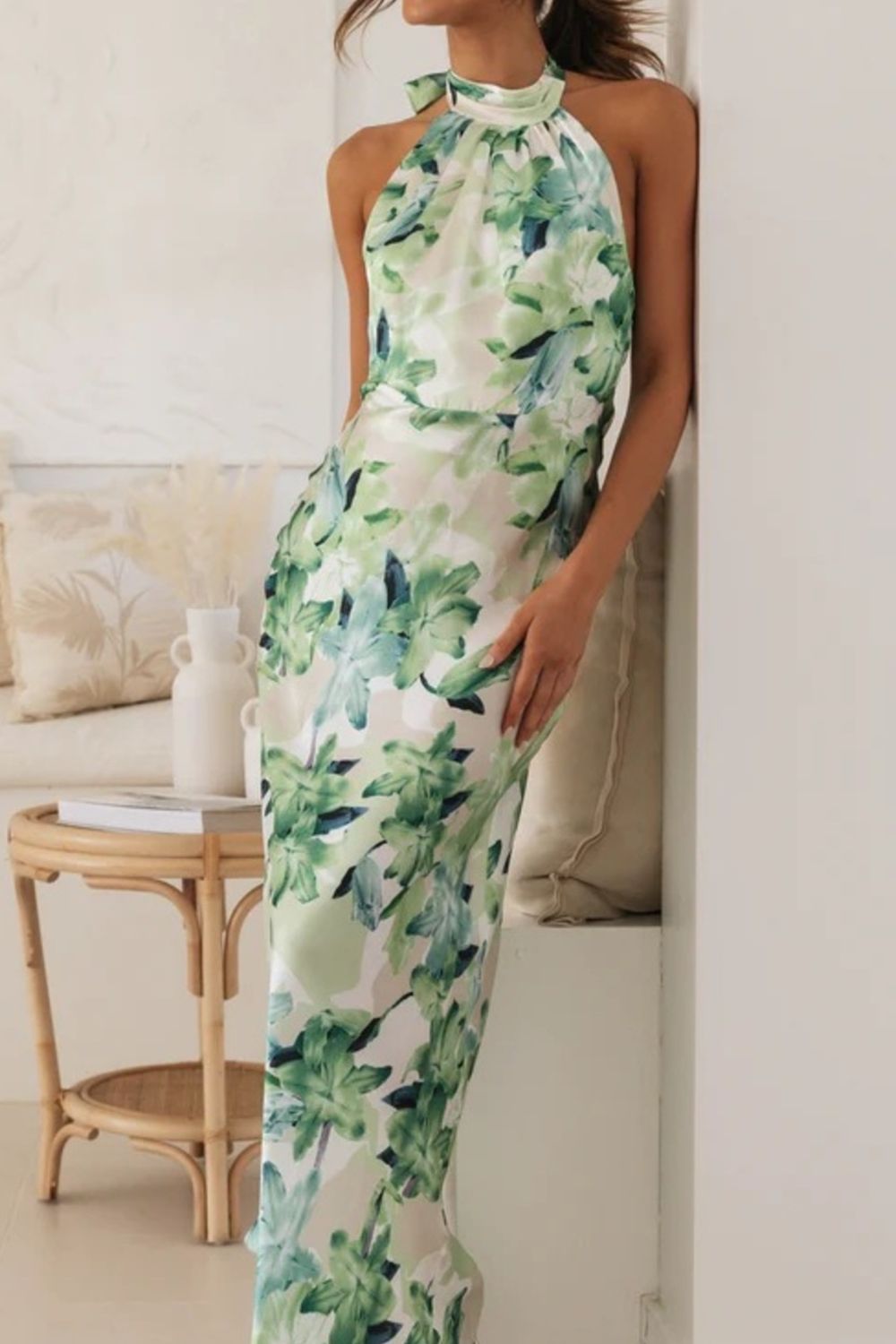 floral halter neck maxi dress with leg slit full length view