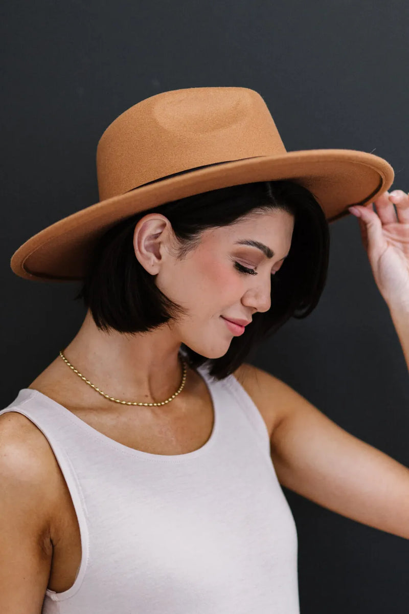 Khaki fedora hat front view