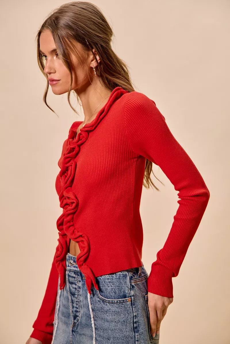 Cascade Ruffle Ribbed Knit Sweater Cardigan, view 8